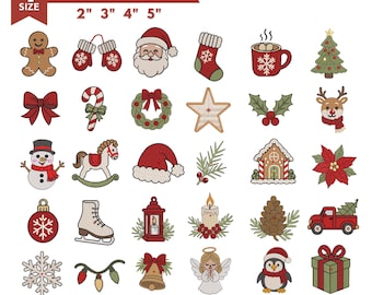 Könnte beinhalten: Eine digitale Sammlung von 30 weihnachtlichen Maschinenstickmustern mit Motiven wie Lebkuchenmann, Weihnachtsmann, Schneemann, Rentier und Ornamenten. Text 4 SIZE EMBROIDERY DESIGN FOR MACHINE 2" 3" 4" 5" sowie Dateiformate DST, EMB, VP3, EXP, JEF, PES, PDF.