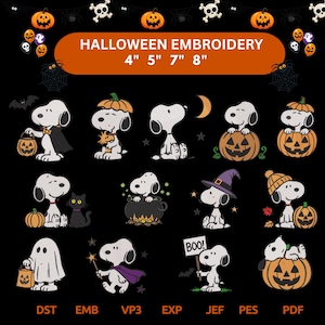 Peut inclure: Une collection de motifs de broderie d'Halloween représentant un beagle blanc dans divers costumes et poses avec des citrouilles, un chat noir, un chaudron et un panneau indiquant BOO. Le texte HALLOWEEN EMBROIDERY 4" 5" 7" 8" est en haut.
