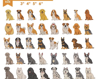 Könnte beinhalten: Eine digitale Sammlung von 40 verschiedenen Hunderassen-Illustrationen für Maschinenstickerei. Das Bild enthält den Text 4 SIZE 3" 4" 5" 6" oben und die Formate DST, EMB, VP3, EXP, JEF, PES, PDF unten. Jeder Hund ist sitzend dargestellt.