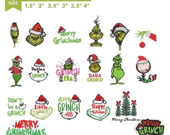 Könnte beinhalten: Eine Sammlung digitaler Stickmotive, die den Grinch in verschiedenen Posen zeigen, mit Weihnachtsmützen und Weihnachtsschmuck. Der Text umfasst Merry Grinchmas, Don't be a Grinch, In My Grinch Era, Dada Grinch und Happy Holidays. Größen von 1,5 bis 4 Zoll.