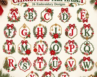 Könnte beinhalten: Eine digitale Sammlung von 26 Weihnachts-Alphabet-Stickmustern mit den Buchstaben A bis Z. Jeder Buchstabe ist mit festlichen Elementen wie roten Schleifen, grünen Tannenzweigen, Weihnachtssternen und Ornamenten verziert. Der Text lautet CHRISTMAS ALPHABET.