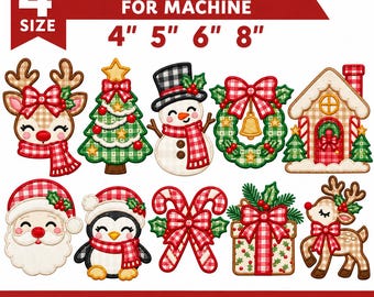 Könnte beinhalten: Ein digitales Stickmuster-Set mit zehn weihnachtlichen Motiven: Rentier, Baum, Schneemann, Kranz, Haus, Weihnachtsmann, Pinguin, Zuckerstangen, Geschenk und Rehkitz, mit dem Text 4 SIZE 4" 5" 6" 8" und den Formaten DST, EMB, VP3, EXP, JEF, PES, PDF.