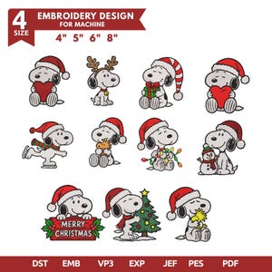 May include: A digital embroidery design set for machines featuring Snoopy in various Christmas-themed poses, including wearing Santa hats, holding hearts, gifts, and a Christmas tree. The text reads 4 SIZE EMBROIDERY DESIGN FOR MACHINE 4" 5" 6" 8".
