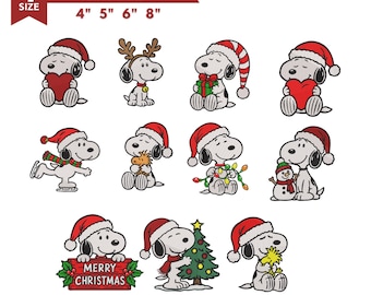 Könnte beinhalten: Ein digitales Stickmuster-Set für Maschinen mit Snoopy in verschiedenen weihnachtlichen Posen, darunter mit Weihnachtsmützen, Herzen, Geschenken und einem Weihnachtsbaum. Der Text lautet 4 SIZE EMBROIDERY DESIGN FOR MACHINE 4" 5" 6" 8".