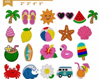 May include: A digital collection of summer-themed machine embroidery designs featuring icons like palm trees, flip-flops, a sun, heart sunglasses, watermelon, ice cream, lemon, beach ball, starfish, shell, coconut, surfboard, hibiscus, flamingo, popsicle, crab, wave, daisy, van, and cocktail.