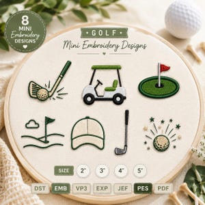 Puede incluir: Un bastidor de bordado de madera con ocho diseños de bordado a máquina sobre tela blanca con temática de golf. Los diseños incluyen un palo de golf golpeando una bola, un carrito de golf, un green con bandera, una gorra y una bola con estrellas.