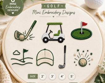 Könnte beinhalten: Ein hölzerner Stickrahmen mit acht Golf-Stickmotiven auf weißem Stoff. Die Designs zeigen einen Golfschläger beim Schlag, ein Golfcart, ein Putting Green mit Fahne, eine Golfkappe sowie einen Golfball mit Sternen als dekorative Elemente.
