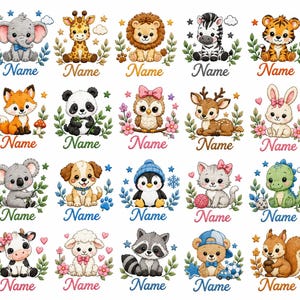 Pode incluir: Uma coleção de vinte ilustrações de animais em estilo cartoon dispostas em uma grade, incluindo um elefante, girafa, leão, zebra, tigre, raposa, panda, coruja, cervo, coelho, koala, cão, pinguim, gato, dinossauro, vaca, ovelha e esquilo.
