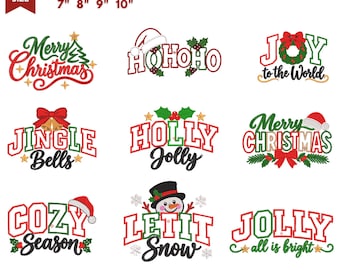 Könnte beinhalten: Eine Sammlung von neun weihnachtlichen Maschinenstickmustern mit Text und festlichen Motiven wie Weihnachtsmützen, Stechpalmen, Glocken und Schneemännern. Der Text umfasst Merry Christmas, Ho Ho Ho, Joy to the World, Jingle Bells, Holly Jolly, Cozy Season, Let It Snow und Jolly all is bright.