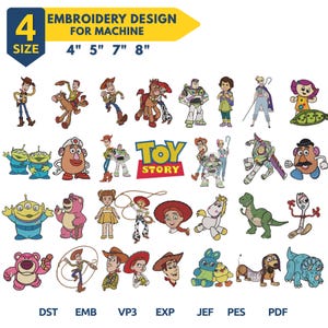 Op de afbeelding: Een digitale collectie van Toy Story machineborduurontwerpen met diverse personages zoals Woody, Buzz Lightyear en Jessie. De afbeelding toont maatopties van 4, 5, 7 en 8 inch en vermeldt bestandsformaten zoals DST, EMB, VP3, EXP, JEF, PES en PDF.