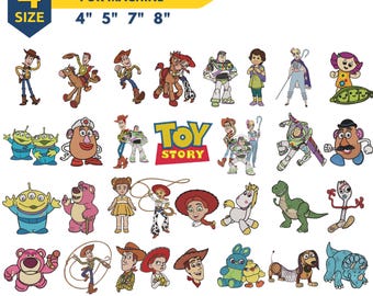 Könnte beinhalten: Eine digitale Sammlung von Toy Story Maschinenstickmustern mit verschiedenen Charakteren wie Woody, Buzz Lightyear und Jessie. Das Bild zeigt Größenoptionen von 4, 5, 7 und 8 Zoll sowie Dateiformate wie DST, EMB, VP3, EXP, JEF, PES und PDF.