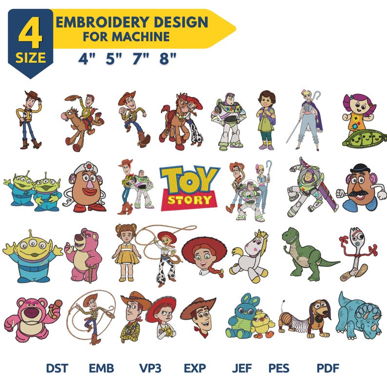 Puede incluir: Una colecci&oacute;n digital de dise&ntilde;os de bordado a m&aacute;quina de Toy Story con varios personajes como Woody, Buzz Lightyear y Jessie. La imagen muestra opciones de tama&ntilde;o de 4, 5, 7 y 8 pulgadas y enumera formatos como DST, EMB, VP3, EXP, JEF, PES y PDF.