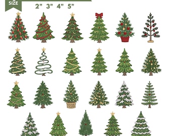 Könnte beinhalten: Eine digitale Sammlung von 24 verschiedenen Weihnachtsbaum-Stickmustern für Maschinen, erhältlich in den Größen 2, 3, 4 und 5 Zoll. Das Set enthält verschiedene Tannenstile mit Ornamenten, Sternen, Lichtern und Schnee, kompatibel mit den Dateiformaten DST, EMB, VP3, EXP, JEF, PES und PDF.