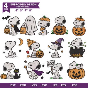 Puede incluir: Un conjunto de diseños de bordado digital para máquinas con Snoopy en varios disfraces y escenas de Halloween, incluyendo calabazas, fantasmas, un sombrero de bruja y un gato negro. El texto dice 4 SIZE EMBROIDERY DESIGN FOR MACHINE 4" 5" 7" 8" y formatos DST, EMB, VP3, EXP, JEF, PES, PDF.