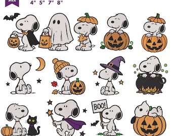 Könnte beinhalten: Ein digitales Stickmuster-Set für Maschinen mit Snoopy in verschiedenen Halloween-Kostümen und Szenen, darunter Kürbisse, Geister, ein Hexenhut und eine schwarze Katze. Der Text lautet 4 SIZE EMBROIDERY DESIGN FOR MACHINE 4" 5" 7" 8" sowie die Formate DST, EMB, VP3, EXP, JEF, PES, PDF.