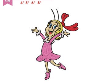 Könnte beinhalten: Maschinenstickdatei mit einer Zeichentrickfigur mit blondem Haar, einer großen roten Schleife und einem rosa Kleid. Der Text lautet: 4 SIZE EMBROIDERY DESIGN FOR MACHINE 4" 5" 6" 8". Die Dateiformate umfassen DST, EMB, VP3, EXP, JEF, PES und PDF.