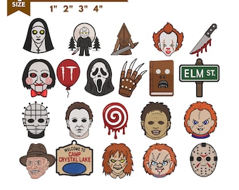 Könnte beinhalten: Eine digitale Sammlung von Stickmustern für Maschinen mit Horrormotiven, bestehend aus 20 verschiedenen Symbolen, Masken und Gesichtern. Der Text gibt 4 Größen von 2,54 cm bis 10,16 cm sowie die verfügbaren Dateiformate für die Stickmaschine an.