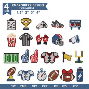 Puede incluir: Una colección digital de diseños de bordado a máquina con temática de fútbol americano que incluye iconos como un trofeo, silbato, tacos, marcador, camiseta de árbitro, guantes, casco, megáfono, campo, dedos de espuma, jersey, bandera y balón.