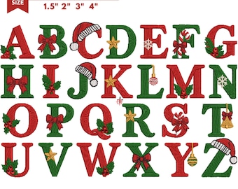 Könnte beinhalten: Ein digitales Stickmuster-Set mit dem Alphabet in Rot und Grün. Jeder Buchstabe ist mit Weihnachtsmotiven wie Weihnachtsmützen, Schleifen, Sternen, Stechpalmen und Ornamenten verziert. Text: 4 SIZE 1.5" 2" 3" 4" sowie Dateiformate DST, EMB, VP3, EXP, JEF, PES, PDF.