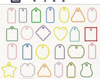Könnte beinhalten: Eine Sammlung von dreiundzwanzig farbigen Stickmuster-Umrissen in verschiedenen Formen wie Herzen, Sternen und Rechtecken. Der Text lautet SUMMER EMBROIDERY DESIGN, SIZE 4" 5" 6" 8" sowie die Formate DST, EMB, VP3, EXP, JEF, PES, PDF.