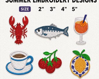Könnte beinhalten: Ein Set aus sechs Sommer-Stickmustern mit einem roten Hummer, einem blau-weißen Fisch, einem orangefarbenen Cocktail, einer Kaffeetasse mit Untertasse, drei roten Tomaten an einem Zweig und einer gelben Zitrone. Der Text lautet SUMMER EMBROIDERY DESIGNS.