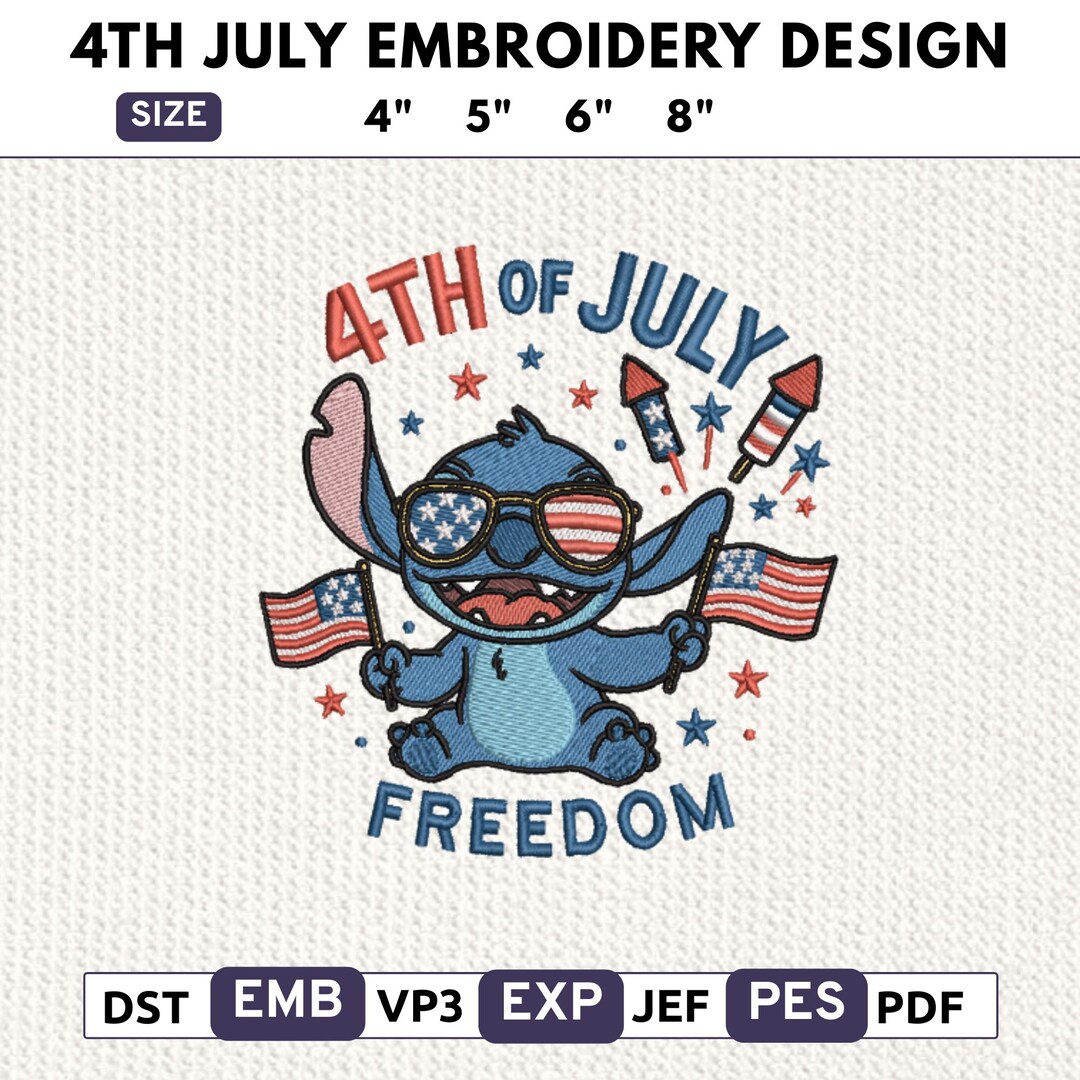 Stitch 4th of July Embroidery Design, Patriotic USA Cartoon ...