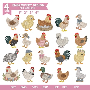Puede incluir: Una colección de diseños de bordado digital para máquinas con veinte ilustraciones de pollos, gallos y patos en varias poses y atuendos. El texto dice 4 SIZE, EMBROIDERY DESIGN FOR MACHINE, 1" 2" 3" 4", DST, EMB, VP3, EXP, JEF, PES, PDF.