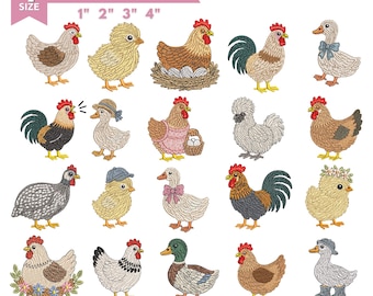 Könnte beinhalten: Eine digitale Stickmuster-Kollektion für Maschinen mit zwanzig Illustrationen von Hühnern, Hähnen und Enten in verschiedenen Posen und Outfits. Der Text lautet 4 SIZE, EMBROIDERY DESIGN FOR MACHINE, 1" 2" 3" 4", DST, EMB, VP3, EXP, JEF, PES, PDF.