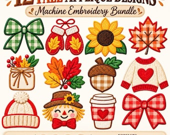 Könnte beinhalten: Eine digitale Sammlung von 12 Applikations-Stickmustern für Herbstmotive, darunter eine grüne Vichy-Schleife, rote Fäustlinge, eine Sonnenblume, ein Ahornblatt, ein Einmachglas, Herbstblätter, eine Eichel, ein Pullover, eine Mütze, eine Vogelscheuche, ein Kaffeebecher und eine rote Schleife.