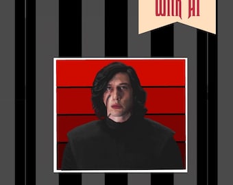 May include: A rectangular print featuring a portrait of a dark-haired person in a black shirt against a red background with horizontal black lines. Above the portrait is a cream-colored banner with the text Never Made With AI. The background is black and gray vertical stripes.