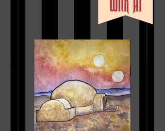 Tatooine Sunset Watercolor Painting with Metallic Elements (8x8)