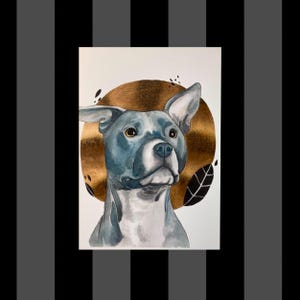 Gray Pitbull Golden Halo Pet Portrait, Watercolor Print, Pitbull Terrier Art, Gold Wall Art, Animal Illustration, Animal Watercolor