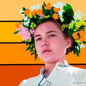 May include: Digital illustration of a person wearing a floral crown with orange, white, and pink flowers. The person is wearing a white shirt with embroidered details. The background features horizontal stripes in shades of orange and yellow.
