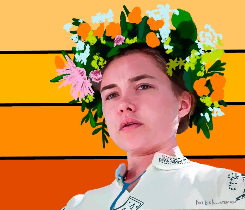 May include: Digital illustration of a person wearing a floral crown with orange, white, and pink flowers. The person is wearing a white shirt with embroidered details. The background features horizontal stripes in shades of orange and yellow.