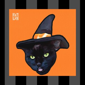 Halloween Witch Familiar Black Cat Cute Illustration Art Print 4x4 spooky decor halloween wall art witchy witch art