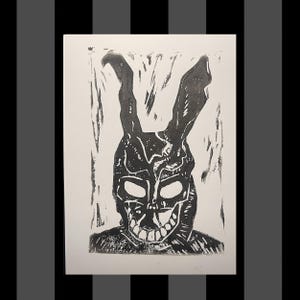 Linocut Hand Carved Donnie Darko Rabbit Frank the Rabbit Cursed Horror One of a Kind Print Spooky Art