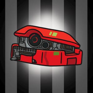 May include: A cartoon illustration of a red futuristic device with black and gray details. The device has a rounded top and various mechanical components visible. Two small green rectangles are on the device. The background is black and white vertical stripes.