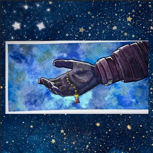 May include: Watercolor painting of a gloved hand holding a beaded necklace with a pendant. The hand is black with purple accents, set against a blue and white watercolor background. The artwork is framed with a white border and a starry night sky.