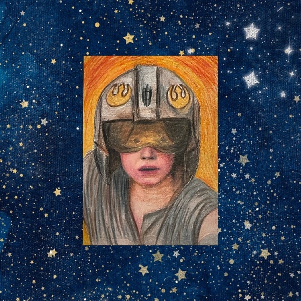 Rebel Alliance Pilot Helmet Rey Skywalker Jakku Art Trading Card Proof Colored Pencil Original Art Star Wars Inspire Fanart Painting 3.5x2.5