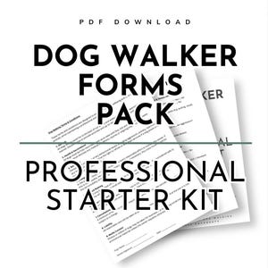 Peut inclure: Un ensemble de formulaires en papier blanc avec du texte noir, intitulé "Dog Walker Forms Pack" et "Professional Starter Kit". Les formulaires contiennent du texte sur les conditions, la santé et la responsabilité des promeneurs de chiens. L'image est sur fond blanc.