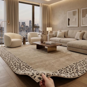 Hand Tufted Wool Silk Rug, Beige Leopard Border, Luxury Designer Carpet