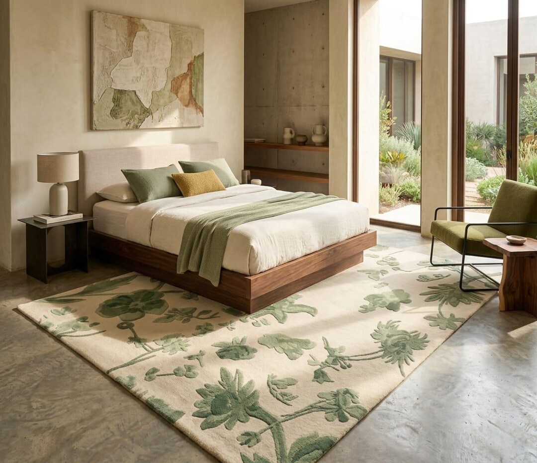 Hand Tufted Wool Rug, Sage Green Botanical Floral Carpet, Cream Modern ...