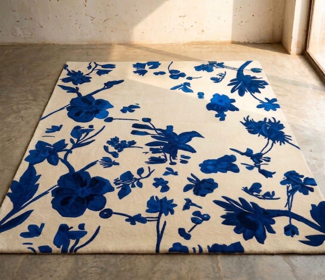 Hand Tufted Wool Rug, Blue Floral Botanical Carpet, Modern Luxury Area ...