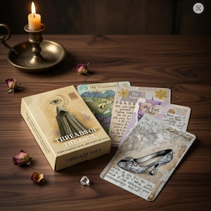 Puede incluir: Una baraja de cartas de tarot titulada "THREADS OF THE SOUL" con una caja que presenta un ojo y una figura con capucha. Varias cartas están abanicadas, mostrando ilustraciones y texto. Una vela encendida en un portavelas de latón y flores secas sobre una superficie de madera.
