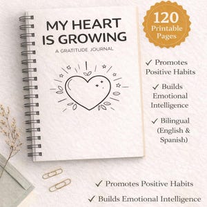Può includere: Un diario di gratitudine per bambini rilegato a spirale con il titolo "My Heart Is Growing". La copertina presenta un'illustrazione a forma di cuore. Il diario include 120 pagine stampabili e promuove abitudini positive, intelligenza emotiva ed è bilingue in inglese e spagnolo.