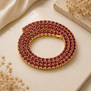 Ruby Tennis Necklace: 925 Sterling Silver Red Gemstone Choker Chain, May Birthstone