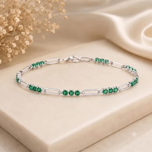 Dainty Emerald Solid White Gold Tennis Bracelet: Paperclip Chain, Bridal Jewelry