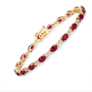 14K Gold Ruby Bracelet, Genuine Red Ruby Oval & Diamond Tennis Bracelet, Solid Yellow Gold Jewelry for Women