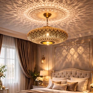 Pode incluir: Uma luminária pendente de metal em tom dourado com uma cúpula circular perfurada apresentando padrões geométricos intrincados. A luz projeta um design de sombra detalhado e simétrico no teto, criando um brilho quente e ambiente.