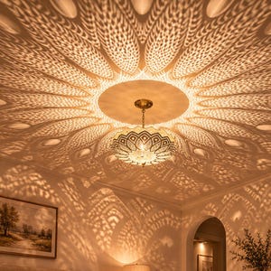 Op de afbeelding: Een messingkleurige metalen hanglamp met een geschulpte rand en ingewikkelde uitgesneden patronen. Wanneer de lamp brandt, werpt deze een groot, symmetrisch, bloembladachtig schaduwontwerp op het plafond, wat zorgt voor een warme gloed.